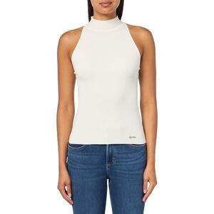 Guess Women's Eco Blaire Halter Neck Sleeveless Sweater Cream Ribbed Tank XL NEW